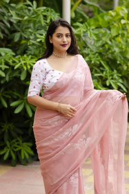 Pure Georgette Saree with lehariya zari weaving - Pink