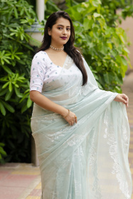 Pure Georgette Saree with lehariya zari weaving - Ocean Blue