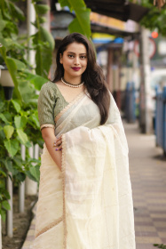 Pure Organza saree with zari chex embroidery work -   Off White