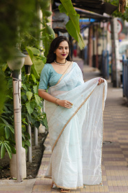 Pure Organza saree with zari chex embroidery work -   Sky Blue