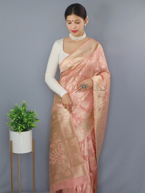 Premium Cotton linen Slub jaal Woven Saree -  Pink