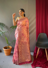 Meenakari zari Woven Cotton Saree - Pink