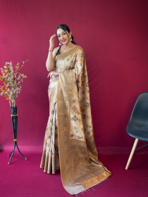 Floral printed Zari woven Banarasi Silk Saree - Light Brown