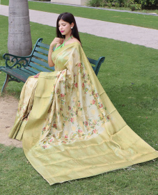 Floral printed Zari woven Banarasi Silk Saree - Beige