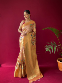 Floral printed Zari woven Banarasi Silk Saree - Light Pink