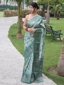 Floral printed Zari woven Banarasi Silk Saree - Blue