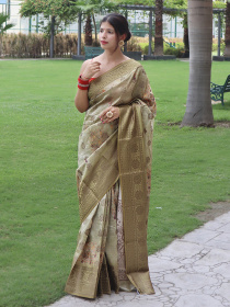 Floral printed Zari woven Banarasi Silk Saree - Dark Green