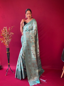 Floral printed Zari woven Banarasi Silk Saree - Aqua Blue