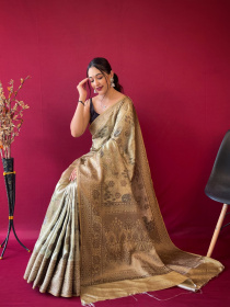 Floral printed Zari woven Banarasi Silk Saree - Hazel Green