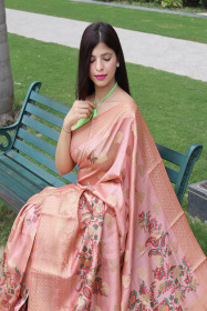 Floral printed Zari woven Banarasi Silk Saree - Pink