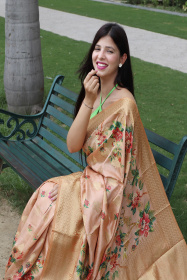 Floral printed Zari woven Banarasi Silk Saree - Peach
