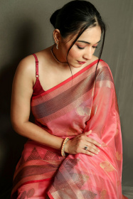Banarasi Organza saree with Zari woven border & Contrast pallu –Pink
