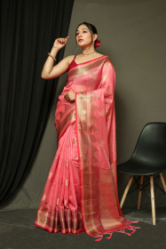 Banarasi Organza saree with Zari woven border & Contrast pallu –Pink