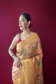 Floral printed Zari woven Banarasi Silk Saree - Dark Peach