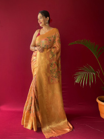 Floral printed Zari woven Banarasi Silk Saree - Dark Peach