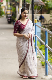 Pure Soft georgette Printed saree with mirror Work - Maroon