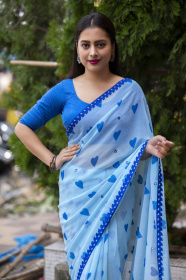 Pure Soft georgette Printed saree with mirror Work - Sky Blue