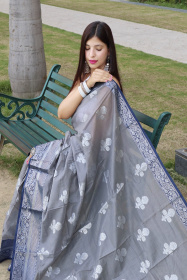 Pure Linen Zari woven saree with Contrast Border & Pallu - Grey