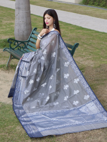 Pure Linen Zari woven saree with Contrast Border & Pallu - Grey