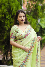 Pure Linen Designer Saree with Embroidery & Mirror work - Green