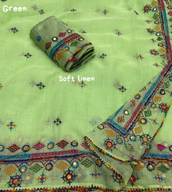 Pure Linen Designer Saree with Embroidery & Mirror work - Green