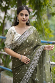 Pure Linen Sarees with Bandhej print and Embroidery work - Green