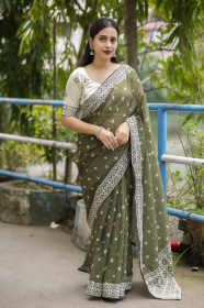 Pure Linen Sarees with Bandhej print and Embroidery work - Green