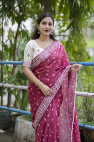 Pure Linen Sarees with Bandhej print and Embroidery work - Pink