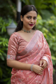 Pure Linen Designer Saree with Embroidery work & Rich Pallu - Pink