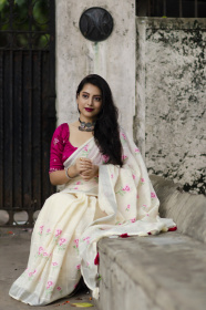 Pure Linen Silk Saree with Embroidery work - White