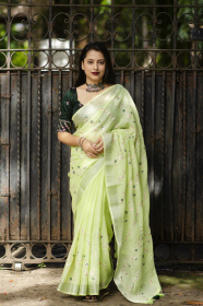 Pure Linen Silk Saree with Embroidery work - Green