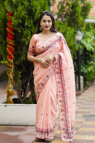 Pure Linen Designer Saree with Embroidery & Mirror work - Pink