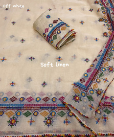 Pure Linen Designer Saree with Embroidery & Mirror work - Off White