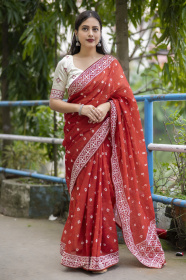 Pure Linen Sarees with Bandhej print and Embroidery work - Red