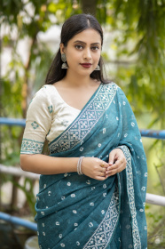 Pure Linen Sarees with Bandhej print and Embroidery work - Blue