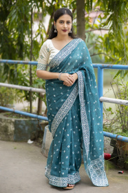 Pure Linen Sarees with Bandhej print and Embroidery work - Blue