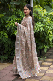 Pure Linen Designer Saree with Embroidery work & Rick Pallu - Brown