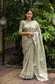 Pure Linen Designer Saree with Embroidery work & Rick Pallu - Green