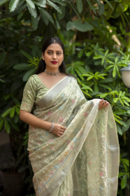 Pure Linen Designer Saree with Embroidery work & Rick Pallu - Green