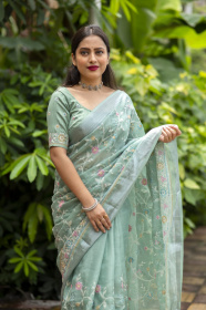 Pure Linen Designer Saree with Embroidery work & Rick Pallu - Blue