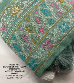 Pure Linen Designer Saree with Embroidery work & Rick Pallu - Blue