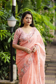Pure Linen Designer Saree With pencil Embroidery & Rich Pallu - Pink