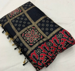 Ajrakh Printed Silk saree -  Black