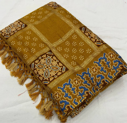 Ajrakh Printed Silk saree -  Mustard