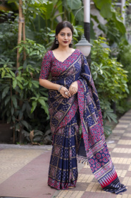 Ajrakh Printed Silk saree -  Blue