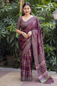 Ajrakh Printed Silk saree -  Purple