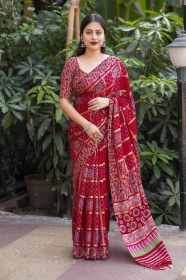 Ajrakh Printed Silk saree -  Red