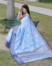 Pure Linen Zari woven saree with Contrast Border & Pallu - Blue
