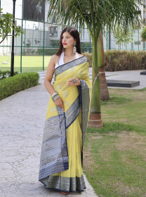 Pure Linen Zari woven saree with Contrast Border & Pallu - Yellow