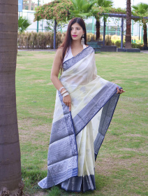 Pure Linen Zari woven saree with Contrast Border & Pallu - Cream